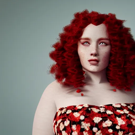 Image similar to film photography of a gorgeous red haired woman with big curly hair and freckles, curvy figure wearing dress with flower print, Pixar CGI , octane render, sharp details, bloom, 8k resolution, OLED