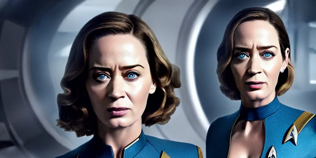 Prompt: emily blunt is the captain of the starship enterprise in the new star trek movie