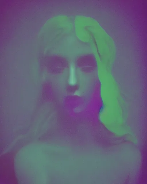 Prompt: featureless woman's face, blank expression, violet and yellow and green lighting, polaroid photo, 1 9 8 0 s cgi, atmospheric, whimsical and psychedelic, grainy, expired film, super glitched, corrupted file, ghostly, bioluminescent