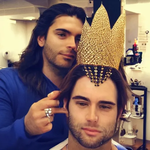 Prompt: handsome man with shiny and silky long hair getting hair styled by a hair queen wearing a golden crown studded with sparkling diamonds, instamatic