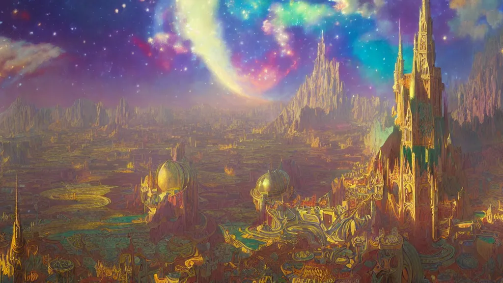 Image similar to a beautiful highly detailed matte painting of colorful castle nebulas by moebius, alphonse mucha, subject in view, highly detailed, intricate design, 8 k resolution, octane render, trending on artstation and cgsociety