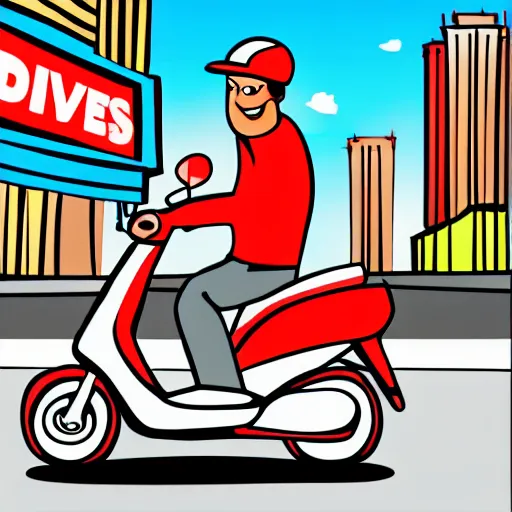 Image similar to drawn cartoon of a delivery driver on moped delivering packages on a long windy city street, bright color, bubbly, digital cartoon syle image, no blur, white background