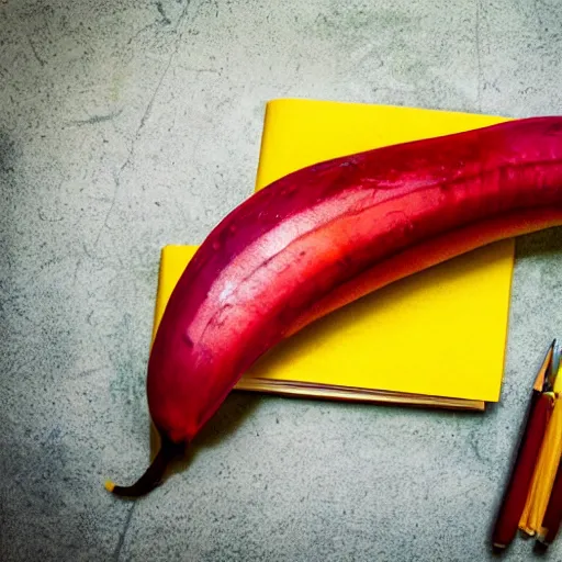 Prompt: photographic, hyperrealistic image, of a red banana, on top of a yellow book, on top of a dining table, detailed, HD, cinematic