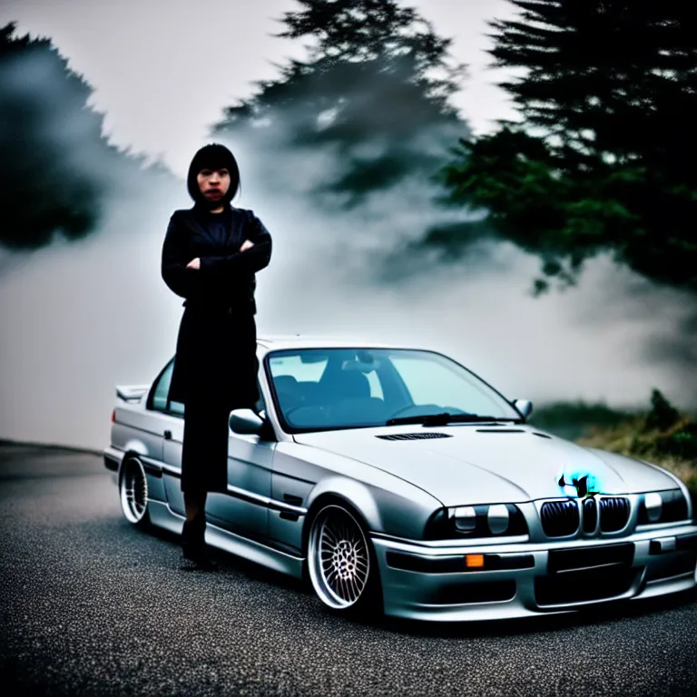 Image similar to close-up-photo Woman Driver standing against her car, BMW E36 turbo illegal meet, work-wheels, Gunma prefecture, misty at night, cinematic color, photorealistic, high detailed deep dish wheels, highly detailed, custom headlights, subtle neon underlighting