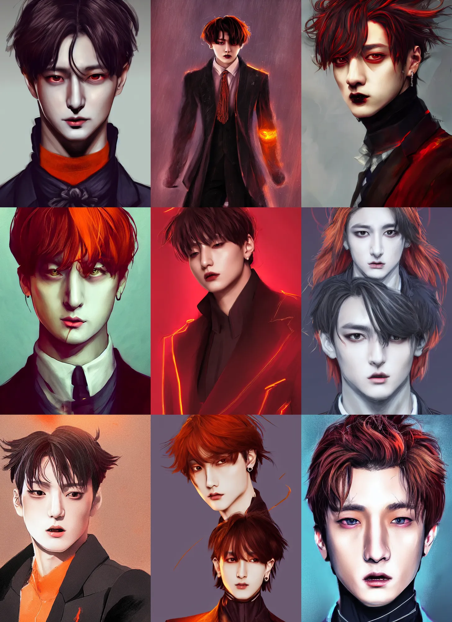 Prompt: jungkook jeon as a vampire. wearing intricate styled suit, semi realism, anime realism, symmetrical face, slim face, appealing, photorealism, uhd, amazing depth, glowing, golden ratio, sakimichan, greg rutowski, volumetric lighting, cinematic lighting, red orange lighting, artstation concept art