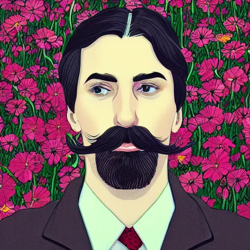 Prompt: portrait of a man with a moustache standing in front of flowers, tumblr contest winner, aestheticism, masculine, aesthetic, ilya kuvshinov