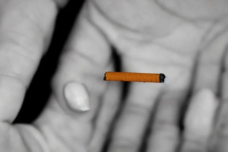 Image similar to Close-up of cigarette in five fingers, thin soft hand holding cigarette, hyper realistic, natural