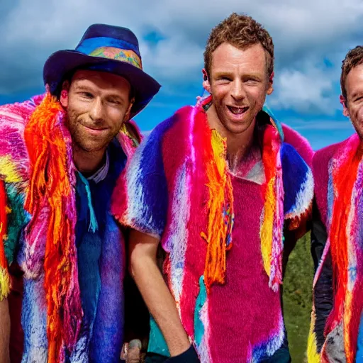 Image similar to Coldplay in Peru wearing panchos and smiling, photorealistic, photography, 14 mp