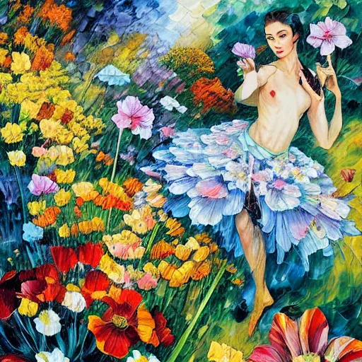 Image similar to flowers and ducks by arthur adams, john stephens, leonid afremov, chiho ashima, karol bak, david bates