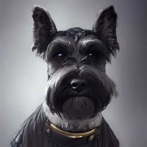 Image similar to portrait of stoic looking miniature schnauzer, military uniform, black fir, white eyebrows, fantasy, intricate, elegant, highly detailed, centered, dark, smokey, charcoal painting, digital painting, artstation, concept art, smooth, sharp focus, illustration, art by artgerm and greg rutkowski and alphonse mucha