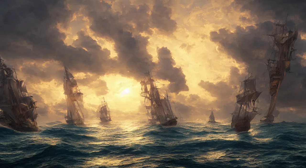 Image similar to hyper realistic detailed matte painting of galleon sailing towards the rising sun, calm ocean, sunset lighting, cloudless sky, hyperdetailed unreal engine 8 k ultra hd, stanley artgerm lau, rossdraws, james jean marc simonetti ruan jia and mandy jurgens and artgerm and william illustration, digital art, concept art