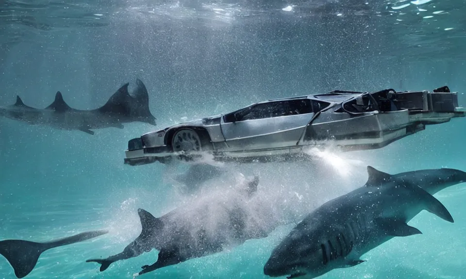 Image similar to photo of a delorean swimming underwater with sharks