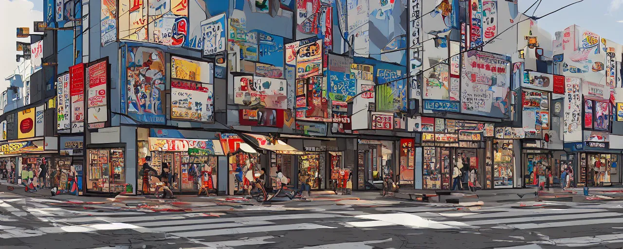 Image similar to Orthogonal view of Tokyo storefronts with no people graffiti treasure town comics illustration digital art painting artstation depth global illumination GI AAA SSS