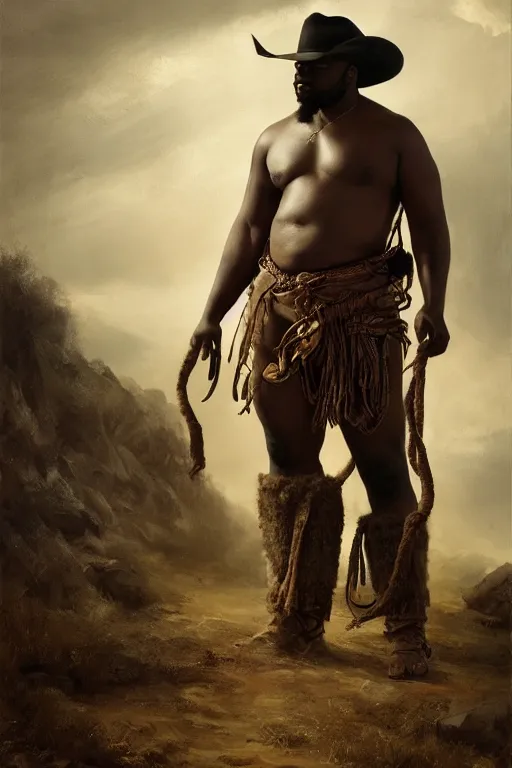 Prompt: a beautiful dramatic epic painting of a thicc handsome black man | he is shirtless and wearing a cowboy hat and covered in leather straps | prairie setting | homoerotic, highly detailed, dramatic lighting | by Mark Maggiori, by William Herbert Dunton, by Charles Marion Russell | trending on artstation