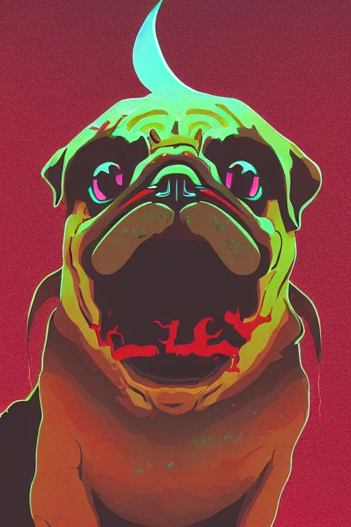 Image similar to demon pug eating flesh. art by mike winkelmann, sticker, colorful, illustration, highly detailed, simple, smooth and clean vector curves, no jagged lines, vector art, smooth