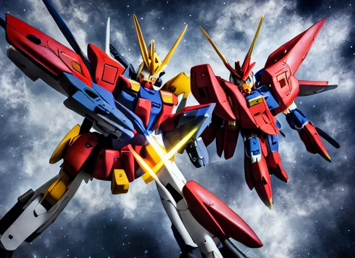 Prompt: Professional Photography, a Gundam fighting gods