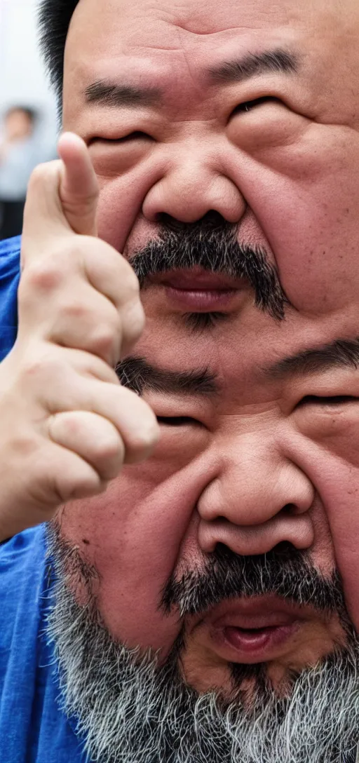 Image similar to Ai Weiwei looking angry into the camera showing his middle finger, blue soft light, 50 mm