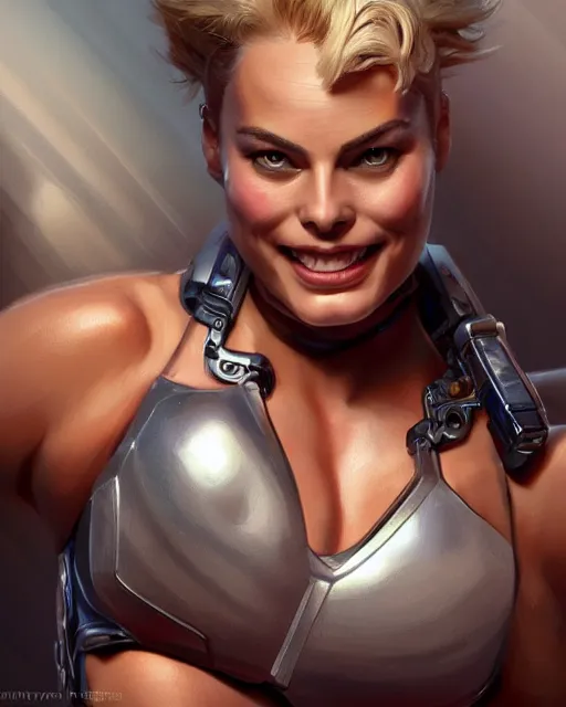 Image similar to full figure ultra realistic illustration, margot robbie as thick female bodybuilder cyborg zarya from overwatch smiling with closed eyes, intricate, elegant, highly detailed, digital painting, artstation, concept art, smooth, sharp focus, illustration, art by artgerm and greg rutkowski and alphonse mucha