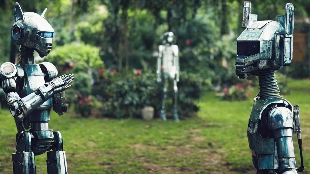 Prompt: film still from the movie chappie of the robot chappie shiny metal outdoor park plants garden scene bokeh depth of field several figures furry anthro anthropomorphic stylized cat ears wolf muzzle head android service droid robot machine fursona