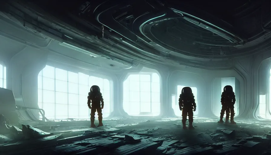 Image similar to high tech nomands exploring abandoned laboratory on mars, scifi, dark scifi, space horror, light, shadows, reflections, steam, epic composition, intricate, elegant, volumetric lighting, digital painting, highly detailed, artstation, sharp focus, illustration, concept art, ruan jia, steve mccurry