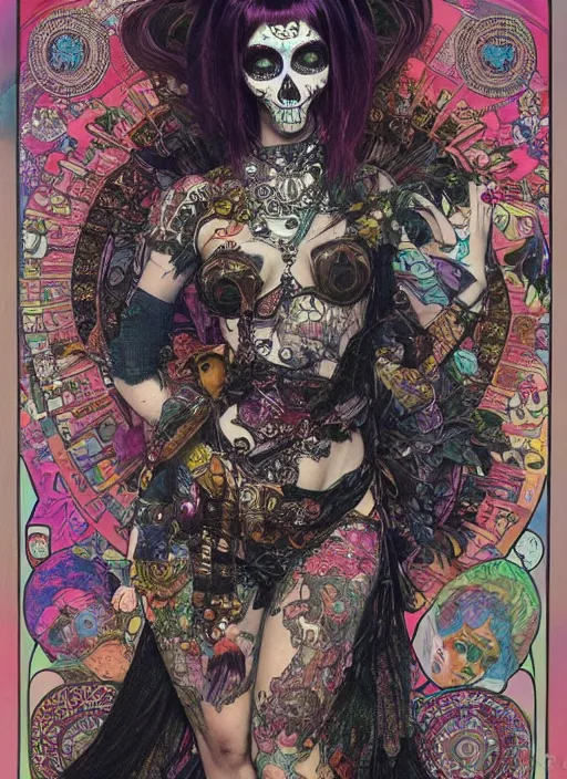 Image similar to cute punk goth fashion fractal Día de los Muertos tattooed alien girl posing, psychedelic poster art of by Victor Moscoso Rick Griffin Alphonse Mucha Gustav Klimt Ayami Kojima Amano Charlie Bowater, masterpiece