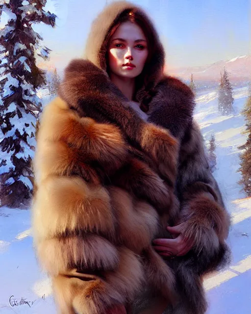 Prompt: a beautiful siberian girl with bear fur coat with hot decollete | | winter, realistic shaded, unpleasant face, bad looking, fine details, realistic shaded lighting poster by greg rutkowski, magali villeneuve, artgerm, jeremy lipkin and michael garmash and rob rey