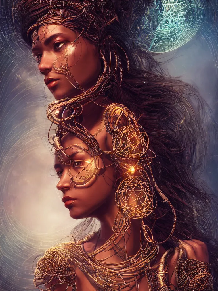 Image similar to a centered render of an alluring mystical tribal goddess adorned with cables and synthesizer parts is surrounded by sacred geometry, full body, gorgeous face, perfect face, powerful, cinematic, beautifully lit, by artgerm, by karol bak, 3 d, trending on artstation, octane render, 8 k