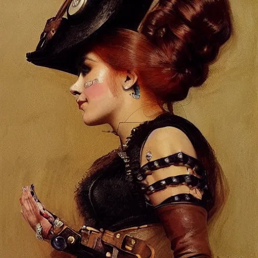 Image similar to Portrait of a steampunk Ariana Grande, elegant, mechanical, broad detail, facial details, vintage shading, by Ilya Repin