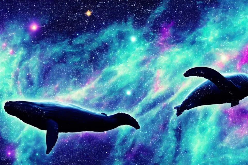 Image similar to a beautiful humpback whale made of stardust swimming through a colorful nebula in space while an astronaut watches from afar