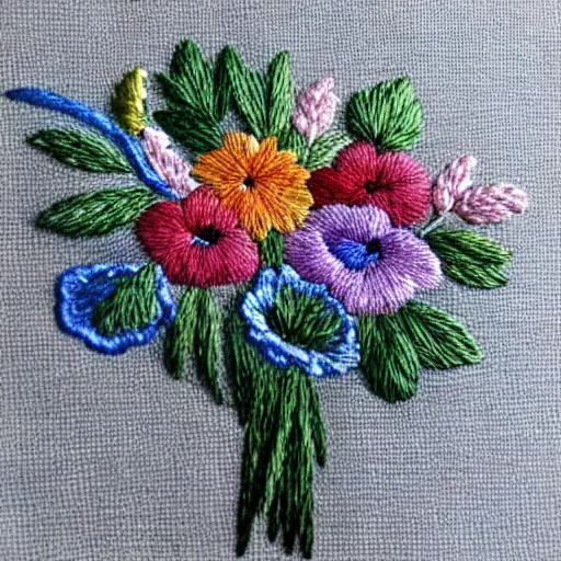 Prompt: a tiny beautiful handmade embroidery of a stunning bouquet of flowers. hand embroidery.