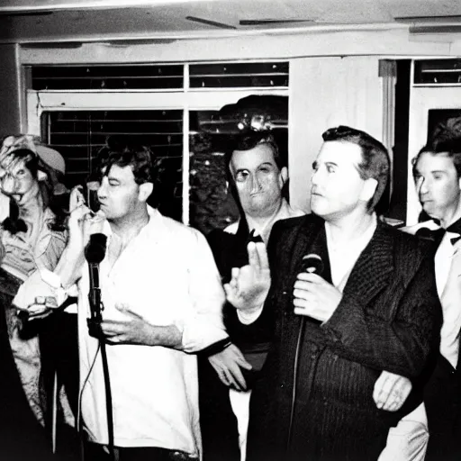 Prompt: retro color photograph of a late night standup comedy show, Kodak film photo