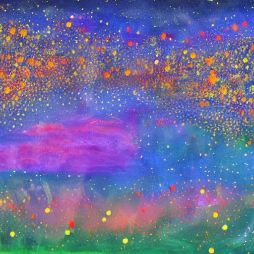 Image similar to a field of fireflies, colorful, ethereal, mixed media, paint, collage, bright