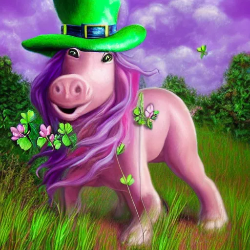 Image similar to a pinkish, purplish, unicorn frolicking, in a field of 4 leaf clovers, being ridden by a leprechaun, being chased by a sasquatch, diffuse lighting, fantasy, intricate, elegant, highly detailed, lifelike, photorealistic, digital painting, artstation, illustration, concept art, smooth, sharp focus, art by John Collier and Albert Aublet and Krenz Cushart and Artem Demura and Alphonse Mucha