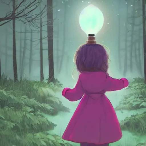 Image similar to in a dark forest, a small girl with a lantern finds a path leading to a strange castle.