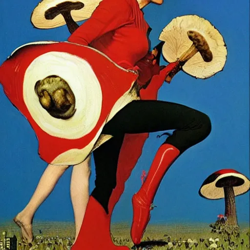 Image similar to Mushroom-based superheroine. A painting by Norman Rockwell.