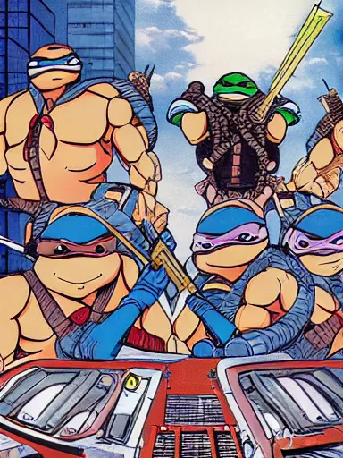 Prompt: full - color 1 9 8 5 anime illustration of the ninja turtles fighting against the terminator endoskeleton inside the cluttered cyberdyne lab. highly - detailed professional art ; high - resolution.