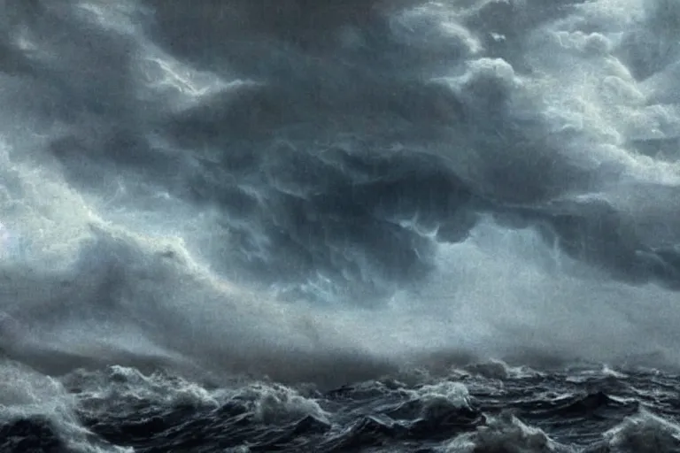 Image similar to surreal scene of a storm at sea, cinematic masterpiece