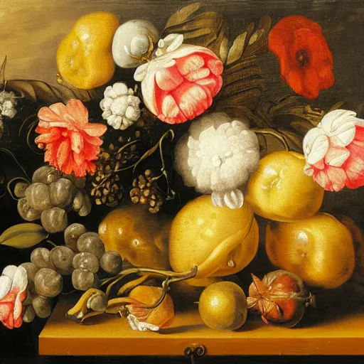 Prompt: a painting of flowers and fruit on a black background, a flemish baroque by jan davidsz. de heem, shutterstock contest winner, baroque, flemish baroque, dutch golden age, rococo