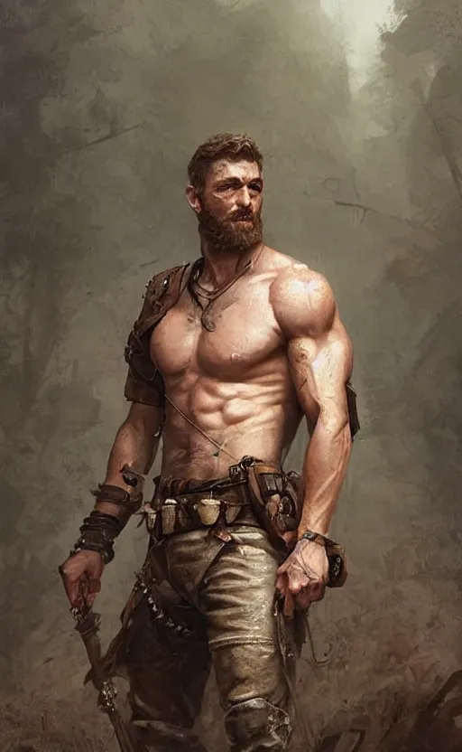 Image similar to Portrait of a rugged ranger, male, muscular, blue eyes!!!!, straight nose!!!, detailed face, exposed thighs!!!, simple clothing!!!!! fantasy, medieval, highly detailed, cinematic lighting, digital art painting by greg rutkowski
