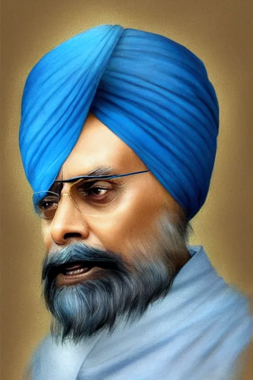 Image similar to Manmohan Singh as Krish, Krish costume, Manmohan Singh blue turban, Krish body type, Manmohan Singh Face, calm, grumpy, portrait, masculine figure, highly detailed, digital painting, artstation, concept art, smooth, sharp focus, illustration, cinematic lighting, art by artgerm and greg rutkowski and alphonse mucha