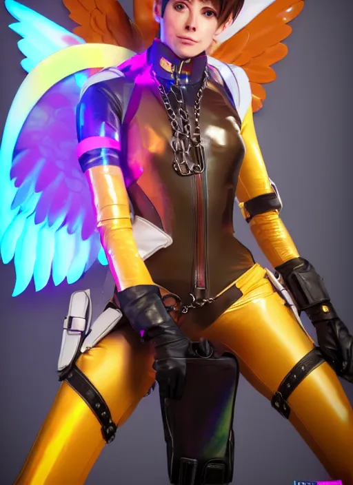Image similar to portrait bust digital artwork of tracer overwatch, wearing iridescent rainbow latex and leather straps catsuit outfit, 4 k, expressive happy smug expression, makeup, in style of mark arian, angel wings, wearing detailed leather collar, chains, black leather harness, detailed face and eyes,