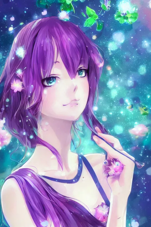 Image similar to whimsical, anime, 4k, beautiful intimate woman with professional makeup, long purple hair, a crystal and flower dress, sitting in on a reflective pond underneath the stars, rainbow fireflies, trending on patreon, deviantart, twitter, artstation, subtle and detailed, heavy contrast, art style of Ross Tran and Ilya Kuvshinov