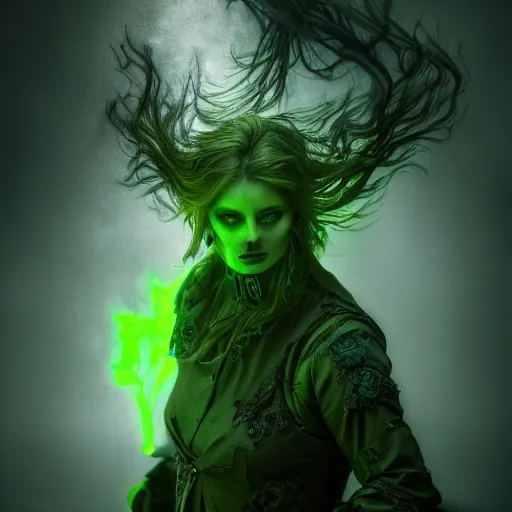 Image similar to a portrait of a necromancer, green aura ,Grim fantasy, D&D, HDR, natural light, shoulder level shot, dynamic pose, award winning photograph, Mucha style, 8k,