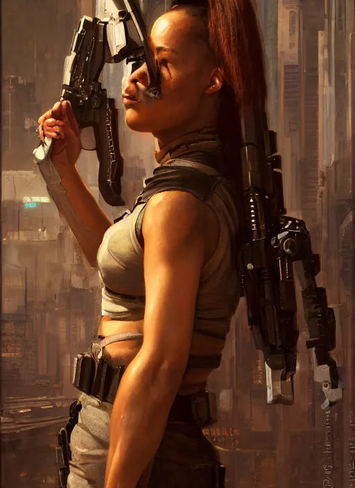 Image similar to 🤸🏿♀ cyberpunk mercenary in a military vest ( blade runner 2 0 4 9, cyberpunk 2 0 7 7 ). orientalist portrait by john william waterhouse and james gurney and theodore ralli and nasreddine dinet, oil on canvas. cinematic, hyper realism, realistic proportions, dramatic lighting, high detail 4 k