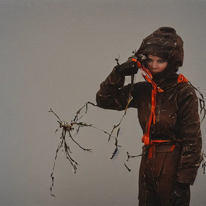 Prompt: a closeup portrait of a woman wearing a ski suit made of rusted nails and ribbons, picking oranges from a tree in an orchard, foggy, moody, photograph, by vincent desiderio, canon eos c 3 0 0, ƒ 1. 8, 3 5 mm, 8 k, medium - format print