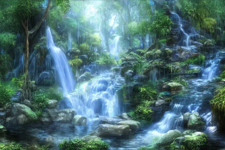 Image similar to a fantasy enchanted waterfall. cinematic lighting. photorealism.