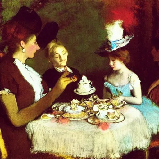 Image similar to “Alice at a tea party by Edgar Degas, Alice in Wonderland, realism”