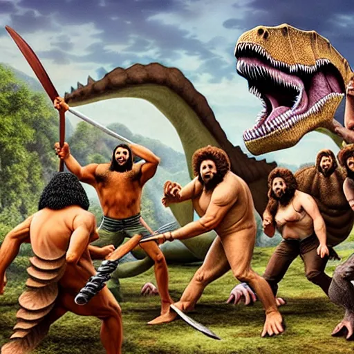 Image similar to A large dinosaur fighting with several realistic detailed cavemen with proportioned bodies, next to the dinosaur are cavemen, the cavemen are armed with spears, the caveman are in a fighting stance, the cavemen are wearing animal furs, one caveman is stabbing the dinosaur with his spear, one caveman is cowering in fear, coarse canvas, visible brushstrokes, intricate, extremely detailed painting by Giorgione (and by Greg Rutkowski)