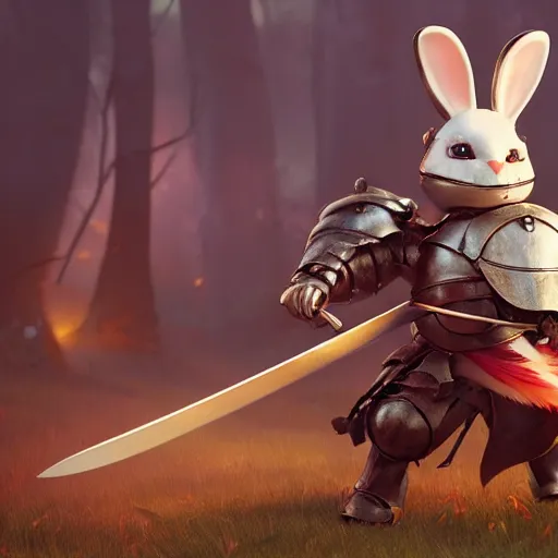 Prompt: anthropomorphic cute bunny knight character, holding a sword, RPG Scene, Oil Painting, Trending on Artstation, octane render, Insanely Detailed, 8k, HD