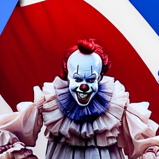 Image similar to Pennywise the clown (2017) giving an official speech as president of the USA in front of the USA flag, 4K realistic award-winning